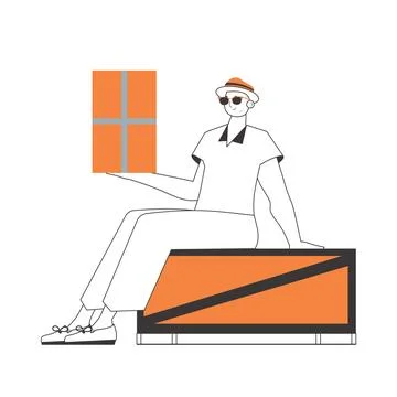 The boy is holding a parcel. Parcel Provider. Linear modern style. Isolated.. Stock Illustration