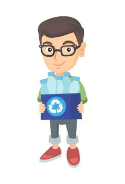 Boy holding recycling bin full of plastic bottles. Stock Illustration