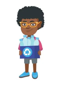 Boy holding recycling bin full of plastic bottles. Stock Illustration