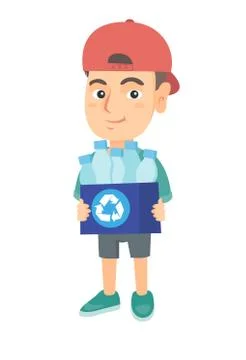Boy holding recycling bin full of plastic bottles. Stock Illustration