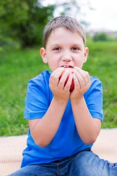 Boy holding red apple by two hands and nibbling Stock Photos