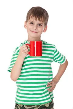 Boy holding a red cup Stock Photos