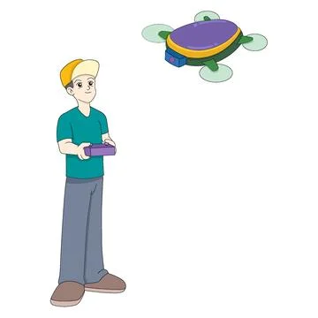 Boy is holding remote control playing drone with video camera Illustrazione stock