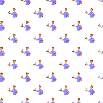 Boy holding rocket and gift box dreaming seamless pattern イラスト素材