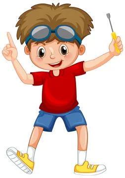 A boy holding screwdriver on white background Stock Illustration