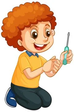 A boy holding a screwdriver on white background Stock Illustration