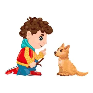 Boy holding stick training cute puppy dog sitting obey command Stock Illustration