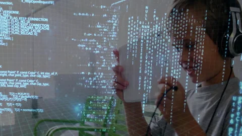 Boy holding tablet, coding and data processing animation over him Stock Footage 304575066