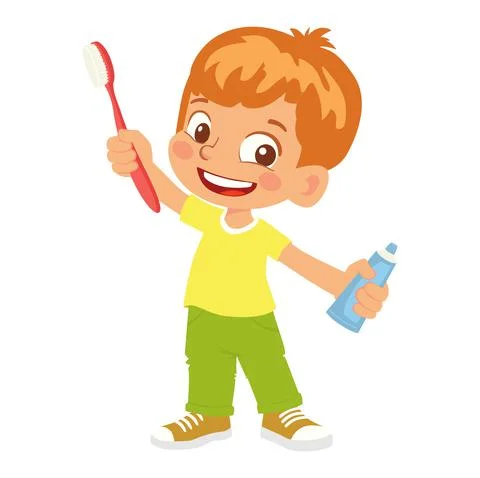 Boy holding toothbrush and toothpaste Stock Illustration