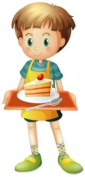 A boy holding a tray with a slice of cake in a plate Stock Illustration