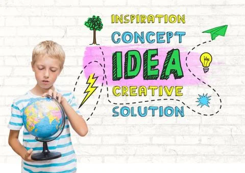 Boy holding world globe with colorful creative concept idea graphics Stock Photos