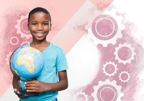 Boy holding world globe with settings gear cogs 写真素材