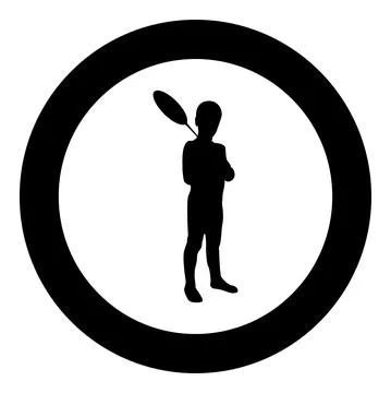 Boy holds badminton racket Cute young child holding standing toy shuttlecock  Stock Illustration