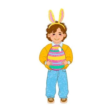 Boy Holds a Big Easter Egg Colorful Illustration Illustrazione stock