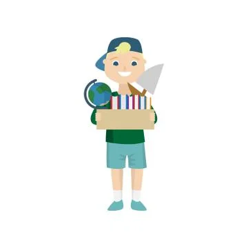 A boy holds a box with personal items 库存插图