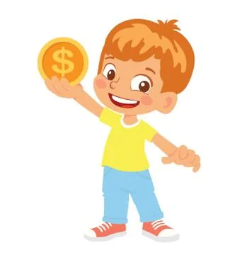 Boy holds coin Stock Illustration