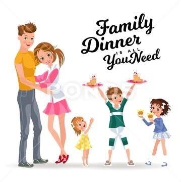 Boy holds plate in hands treat girls, children eating sweet on dinner, family Stock Illustration