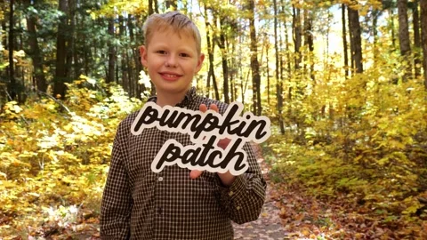 Boy holds up words Pumpkin Patch in the Forest with Yellow Leaves in the Fall Video stock 322102591