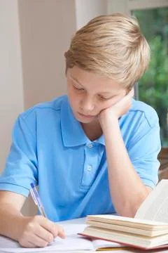 Boy At Home Finding Homework Difficult Foto stock