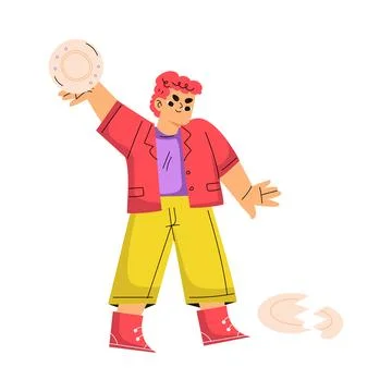 Boy Hooligan with Bad Behavior Breaking Plates Vector Illustration イラスト素材