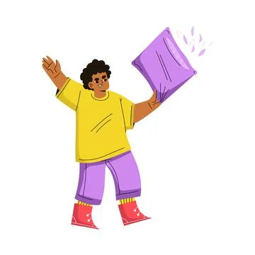 Boy Hooligan with Bad Behavior Fighting with Pillow Vector Illustration Stock Illustration