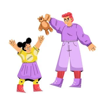 Boy Hooligan with Bad Behavior Teasing Girl Not Giving Her Toy Bear Vector Stock Illustration