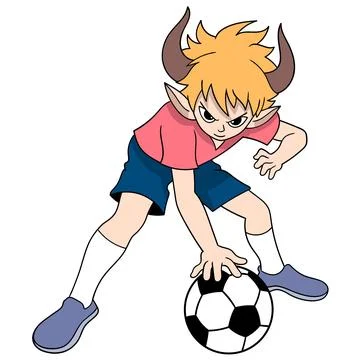 Boy with horns like a devil is angry playing soccer ready to score Stock Illustration