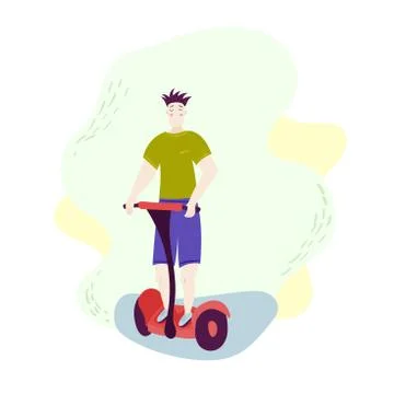 Boy on Hoverboard Vector. Riding On Gyro Scooter. Outdoor Activity. Two-Wheel Stock Illustration