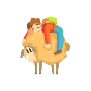 Boy Hugging The Sheep 스톡 일러스트