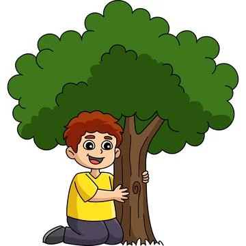 Boy Hugging a Tree Cartoon Colored Clipart Stock Illustration