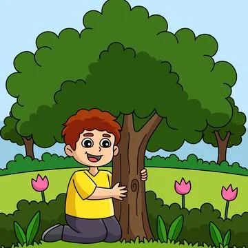 Boy Hugging a Tree Colored Cartoon Illustration Stock Illustration