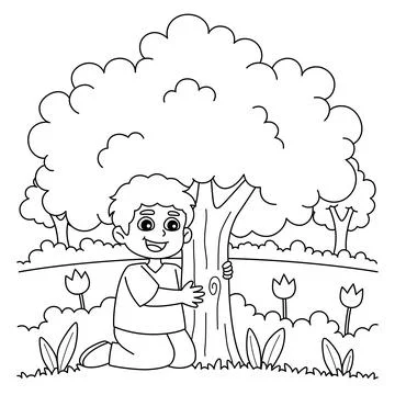 Boy Hugging a Tree Coloring Page for Kids Stock Illustration