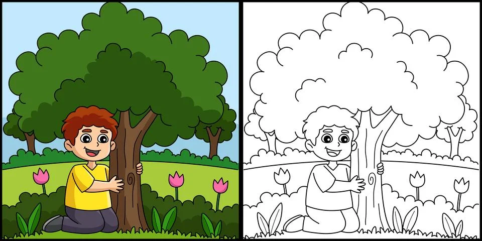 Boy Hugging a Tree Coloring Page Illustration Stock Illustration
