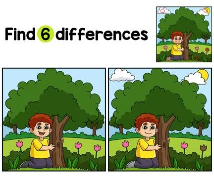 Boy Hugging Tree Find The Differences Stock Illustration