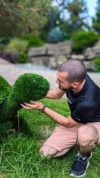Boy hugs with grass turtle Foto stock