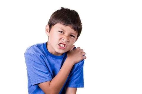 Boy with hurt sprained shoulder - on white background Stock Photos