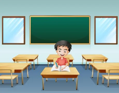 A boy inside a classroom with an empty board at the back 스톡 일러스트