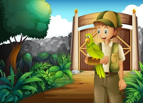 A boy inside the gate with his parrot Stock Illustration