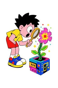 Boy Inspecting Pixelated Flower with Magnifying Glass Stock Illustration