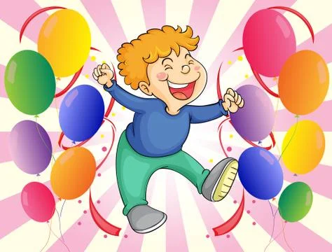 A boy jumping with balloons at his side Stock Illustration