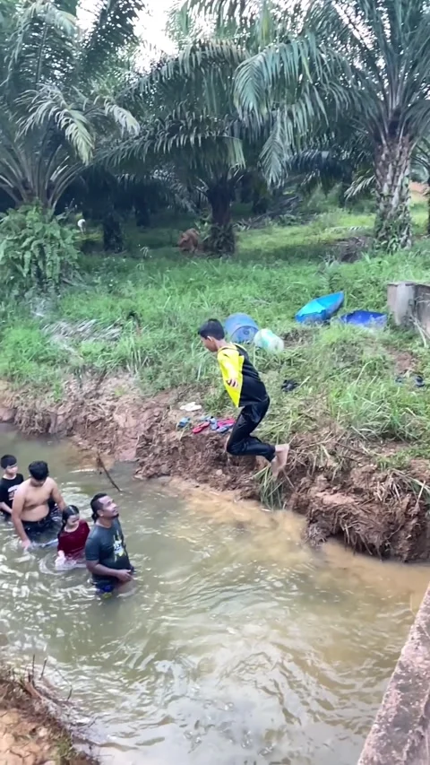 A boy jumping from a bridge into the small river Stock Footage 243154859