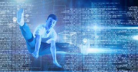 Boy jumping with digital numbers technology interface 库存照片