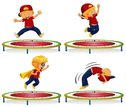 Boy jumping on red trampoline Stock Illustration