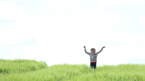 Boy Jumping on Sky Background in the Grass, Gesturing with his Hands Stock Footage 57966057