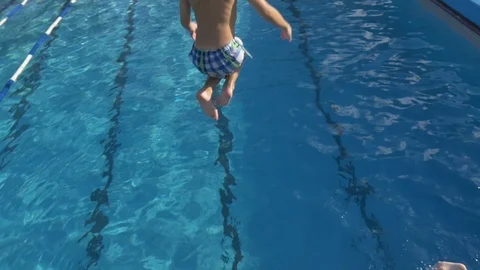 Boy jumping from springboard and diving in Swimming Pool -Slow Motion- Stock Footage 105260147