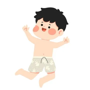 Boy Jumping in Swim Trunks Happily Stockillustratie