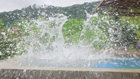 Boy Jumping Into Tropical Infinity Pool in Slow Motion with Jungle Background. Stock Footage 338366929