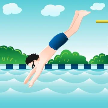 Boy jumping, into water in pool-Vector Illustration Stock Illustration