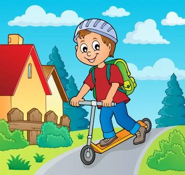 Boy on kick scooter theme image Stock Illustration