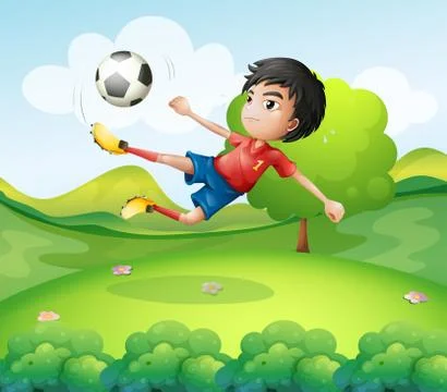 A boy kicking the soccer ball at the hilltop Stock Illustration